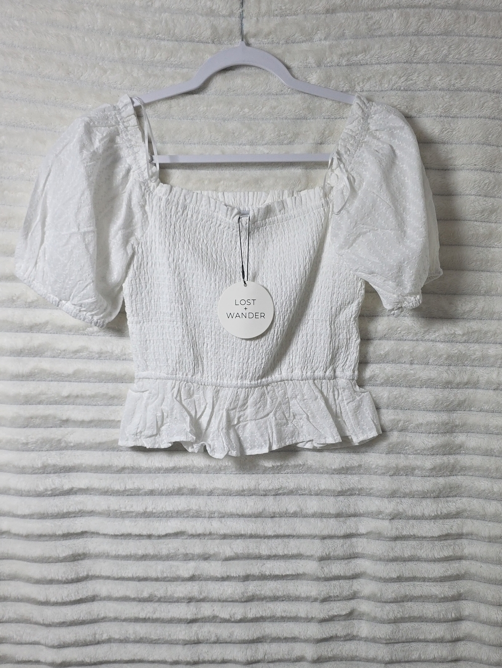 0375 Lost + Wander White‎ Smocked Peplum Puff Sleeve Crop Top
